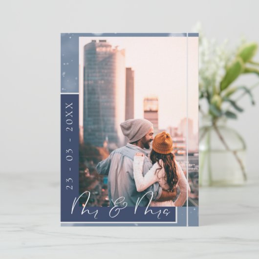 Marineblauwe Script Foto Save the Date Kaart (Staand voorkant)