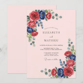 Marineblauwe Sierlijke Rozen Bruiloft Kaart (Voorkant / Achterkant)