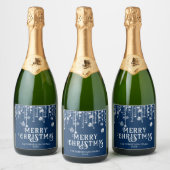 Marineblauwe slingerlichten Kerstfeest Sparkling Wijnetiket (Flessen)