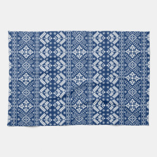 Marineblauwe Sneeuwvlok & Bloemige Fair Isle Kerst Theedoek