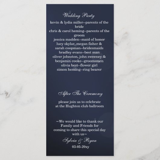 Marineblauwe sneeuwvlokken Winter bruiloft program Programmakaart (Achterkant)