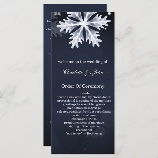 Marineblauwe sneeuwvlokken Winter bruiloft program Programmakaart (Voorkant / Achterkant)