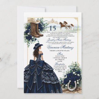 Marineblauwe Spaanse Westerse Quinceañera Uitnodig Kaart