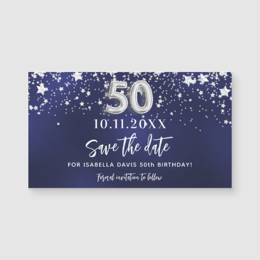 Marineblauwe sterren 50e verjaardag Save the Date  (Voorkant)