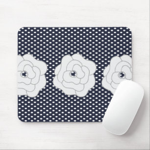 Marineblauwe Stippen & Grote Witte Bloemen Muismat