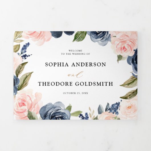 Marineblauwe Stof Blush Roze Bloemige Trouw Drieluik Aankondiging (Cover)