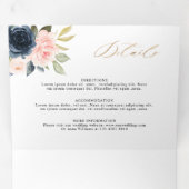 Marineblauwe Stof Blush Roze Bloemige Trouw Drieluik Aankondiging (Binnenzijde eerst)