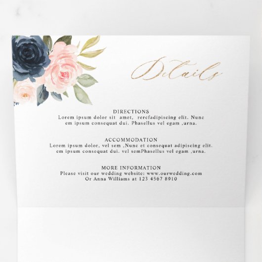 Marineblauwe Stof Blush Roze Bloemige Trouw Drieluik Aankondiging (Binnenzijde eerst)