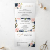 Marineblauwe Stof Blush Roze Bloemige Trouw Drieluik Aankondiging (Binnen)