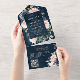 Marineblauwe Stof Blush Roze Bloemige Trouw QR Cod All In One Uitnodiging
