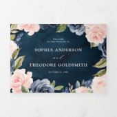 Marineblauwe Stof Blush Roze Bloemige Trouw Tri-Fo Drieluik Aankondiging (Cover)