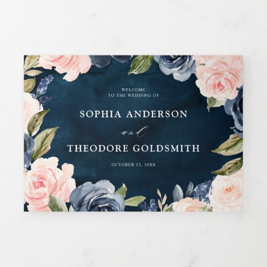 Marineblauwe Stof Blush Roze Bloemige Trouw Tri-Fo Drieluik Aankondiging (Cover)