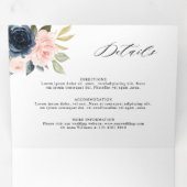 Marineblauwe Stof Blush Roze Bloemige Trouw Tri-Fo Drieluik Aankondiging (Binnenzijde eerst)