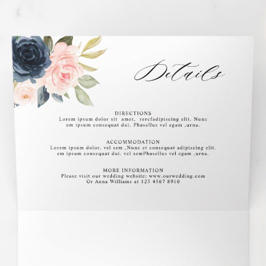 Marineblauwe Stof Blush Roze Bloemige Trouw Tri-Fo Drieluik Aankondiging (Binnenzijde eerst)