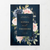 Marineblauwe Stof Blush Roze Bloemige Trouw Tri-Fo Drieluik Aankondiging (Cover)