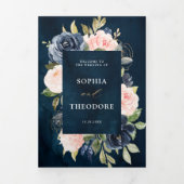 Marineblauwe Stof Blush Roze Bloemige Trouw Tri-Fo Drieluik Aankondiging (Cover)