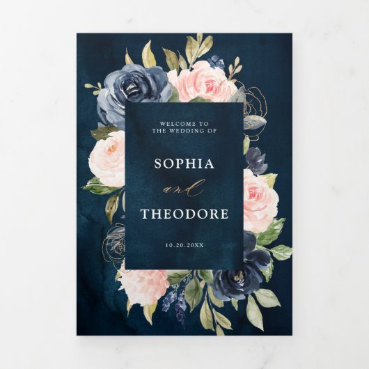 Marineblauwe Stof Blush Roze Bloemige Trouw Tri-Fo Drieluik Aankondiging (Cover)