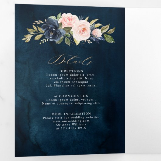 Marineblauwe Stof Blush Roze Bloemige Trouw Tri-Fo Drieluik Aankondiging (Binnenzijde eerst)