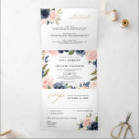 Marineblauwe Stof Roze Roze Bloemige Trouw  Drieluik Aankondiging<br><div class="desc">Donker marineblauwe roze roze bloemige drievoudige trouw Uitnodiging met elegante boeket van marineblauw,  koningsblauw,  wit,  roze roos en saliegroene eucalyptusbladeren. Neem contact met me op voor hulp bij het aanpassen of als je een ander product nodig hebt met dit ontwerp.</div>