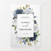 Marineblauwe Stof Wit Bloemige Botanische Trouw Drieluik Aankondiging (Cover)