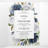 Marineblauwe Stof Wit Bloemige Botanische Trouw Drieluik Aankondiging (Binnenkant midden)