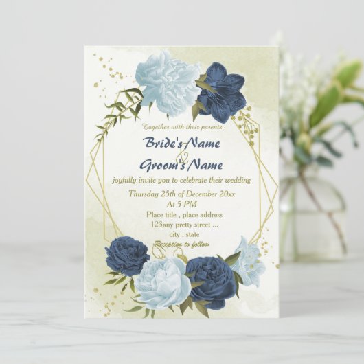 marineblauwe stoffige blauwe bloemen groene blader kaart (Staand voorkant)