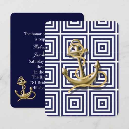 Marineblauwe strandanker nautische trouw  kaart (Voorkant / Achterkant)