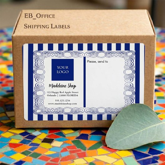 Marineblauwe Strepen & Gebogen Frame & Logo Etiket