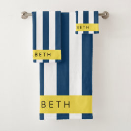 marineblauwe strepen, gestreepte patroon, Jouw naa Bad Handdoek