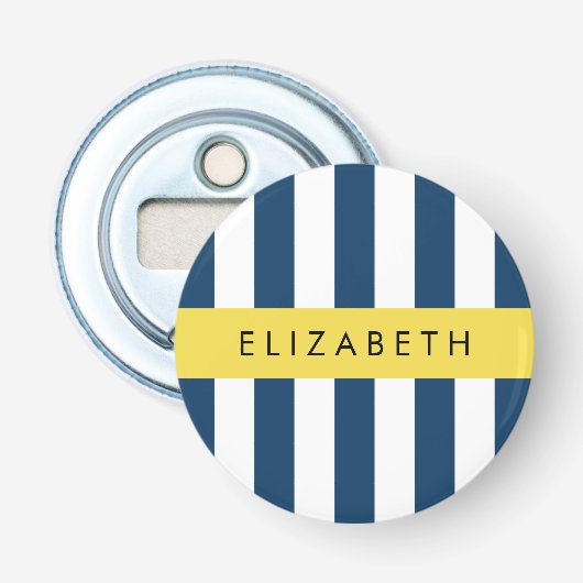 marineblauwe strepen, gestreepte patroon, Jouw naa Button Flesopener (Voorkant)