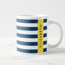 marineblauwe strepen, gestreepte patroon, Jouw naa Grote Koffiekop