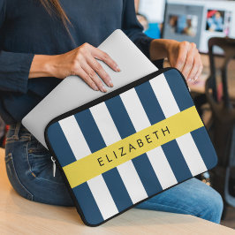 marineblauwe strepen, gestreepte patroon, Jouw naa Laptop Sleeve