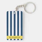 marineblauwe strepen, gestreepte patroon, Jouw naa Sleutelhanger (achterkant)