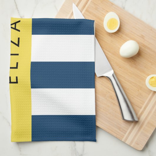marineblauwe strepen, gestreepte patroon, Jouw naa Theedoek (Quarter Fold)