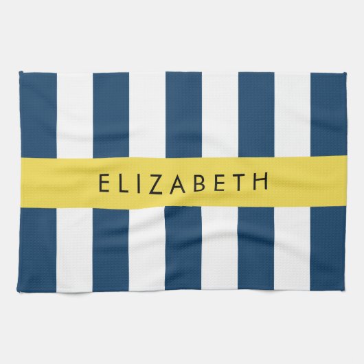 marineblauwe strepen, gestreepte patroon, Jouw naa Theedoek (Horizontaal)