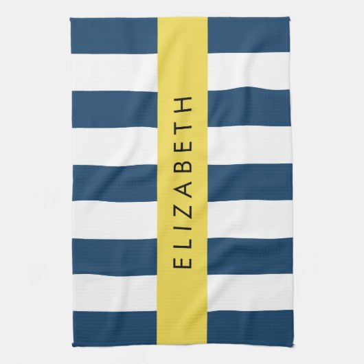 marineblauwe strepen, gestreepte patroon, Jouw naa Theedoek (Verticaal)