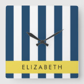 marineblauwe strepen, gestreepte patroon, Jouw naa Vierkante Klok (Voorkant)