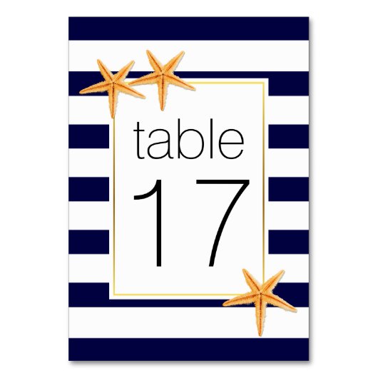 Marineblauwe strepen & zeesterren trouwtafel numme kaart (Achterkant)
