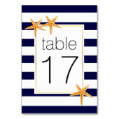 Marineblauwe strepen & zeesterren trouwtafel numme kaart (Voorkant)