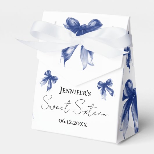 Marineblauwe Strik Coquette Script Sweet 16 Dank j Bedankdoosjes (Voorkant Zijde)