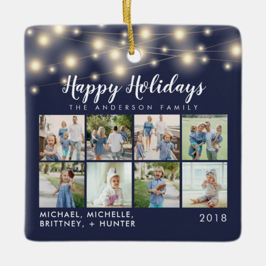 Marineblauwe String Lights 8 Foto Vakantie Keramisch Ornament (Voorkant)