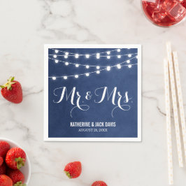 Marineblauwe String Lights Bruiloft Monogram Servet