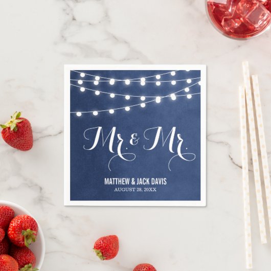 Marineblauwe String Lights Bruiloft Monogram Servetten (Insitu)