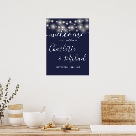 Marineblauwe String Lights Bruiloft Welkomstbord Poster (Keuken)