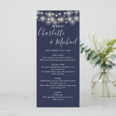 Marineblauwe String Lights Signature Bruiloft Menu (Staand voorkant)