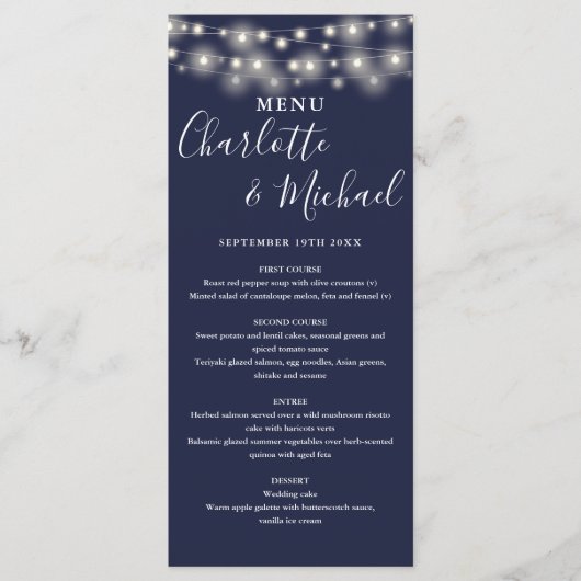 Marineblauwe String Lights Signature Bruiloft Menu (Voorkant)