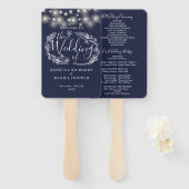 Marineblauwe String Lights Trouwprogramma Handwaaier (Voorkant en achterkant)