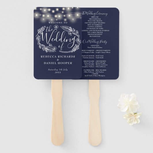 Marineblauwe String Lights Trouwprogramma Handwaaier (Voorkant en achterkant)