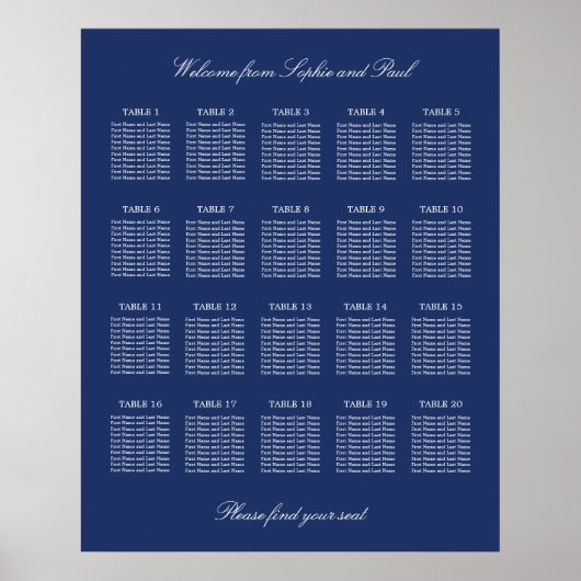 Marineblauwe tafelbruiloft zitplaats poster (Voorkant)