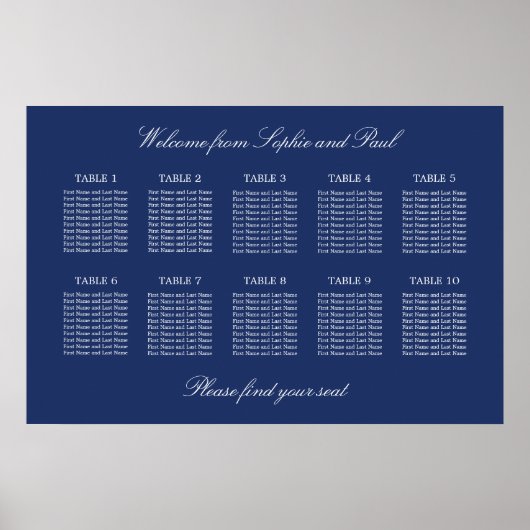Marineblauwe Tafelindeling Bruiloft Poster (Voorkant)